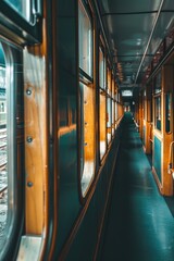Fototapeta premium A view from the inside of a train, showing seats and windows