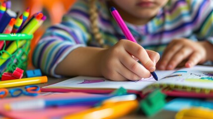 Naklejka premium Young Student Engaged in Learning: Close-up of Child Writing in Notebook Surrounded by Educational Tools and Materials