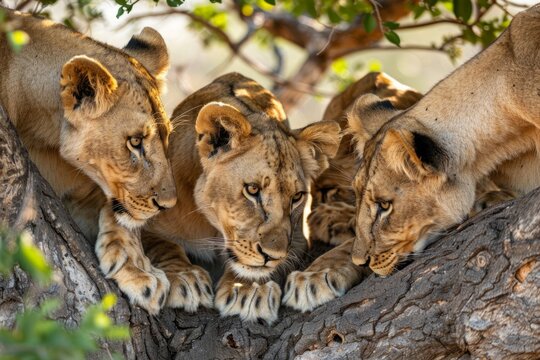 Four lionesses sharpening their claws on a tree trunk, Botswana - Powered by Adobe