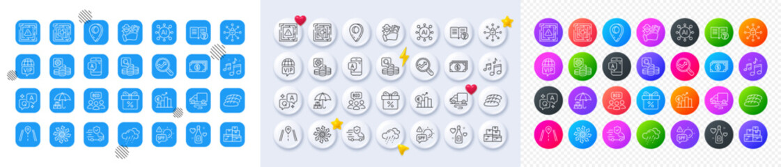 Banking, Inspect and Road line icons. Square, Gradient, Pin 3d buttons. AI, QA and map pin icons. Pack of Auction, Euro rate, Spf protection icon. Vector