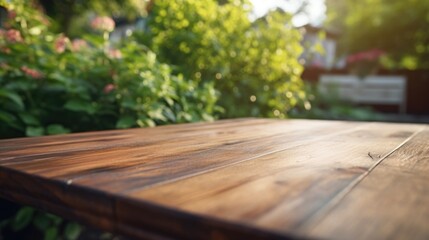 Fototapeta premium A simple wooden table placed next to a bush, perfect for outdoor gatherings or picnics
