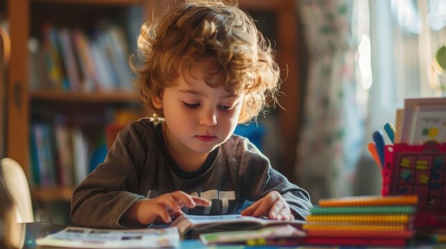 Young Child Engaging in Math Education with Colorful Flashcards on Desk