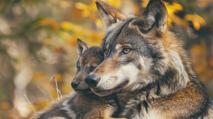 Fototapeta premium A tight shot of two wolves against a backdrop of trees and bushy foliage, displaying yellow autumn leaves in the foreground