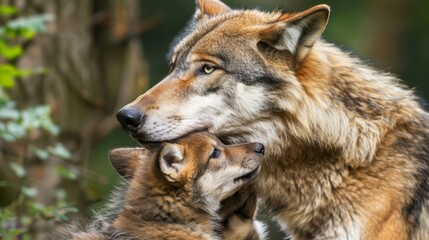 Fototapeta premium A mother wolf and her two cubs cuddle in a wooded area They rest in front of a verdant, leafy tree