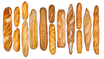 Bread and bakery. Different kinds of non sweet bakery and bread: whole grain bread, ciabatta, brown homemade, baguette, etc. isolated on white background with work path.