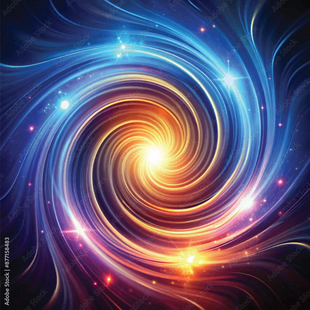 Poster swirling light vortex with depth effects, abstract energy flow background design, vector elements