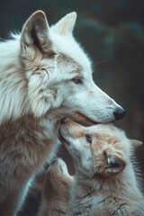 Obraz premium An adult wolf and a young wolf stand side by side against a dark backdrop, heads touched