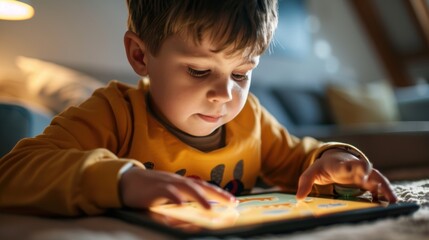 Young child engaged in educational tablet learning at cozy home setting
