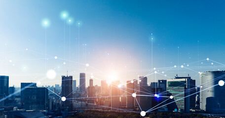 Modern city and communication network concept. Smart city. Wide angle visual for banners or...