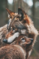 Fototapeta premium A couple of wolves stand next to one another atop a verdant forest, teeming with numerous trees