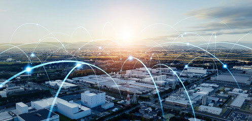 Modern factory and communication network concept. Industrial Internet of Things. IIoT. Wide angle...