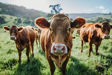 Fototapeta premium Group of beautiful organic brown cows grazing in a field