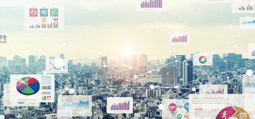 Modern city and digital data concept. Wide angle visual for banners or advertisements.