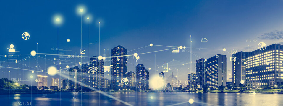 Modern city and communication network concept. Smart city. Wide angle visual for banners or advertisements.