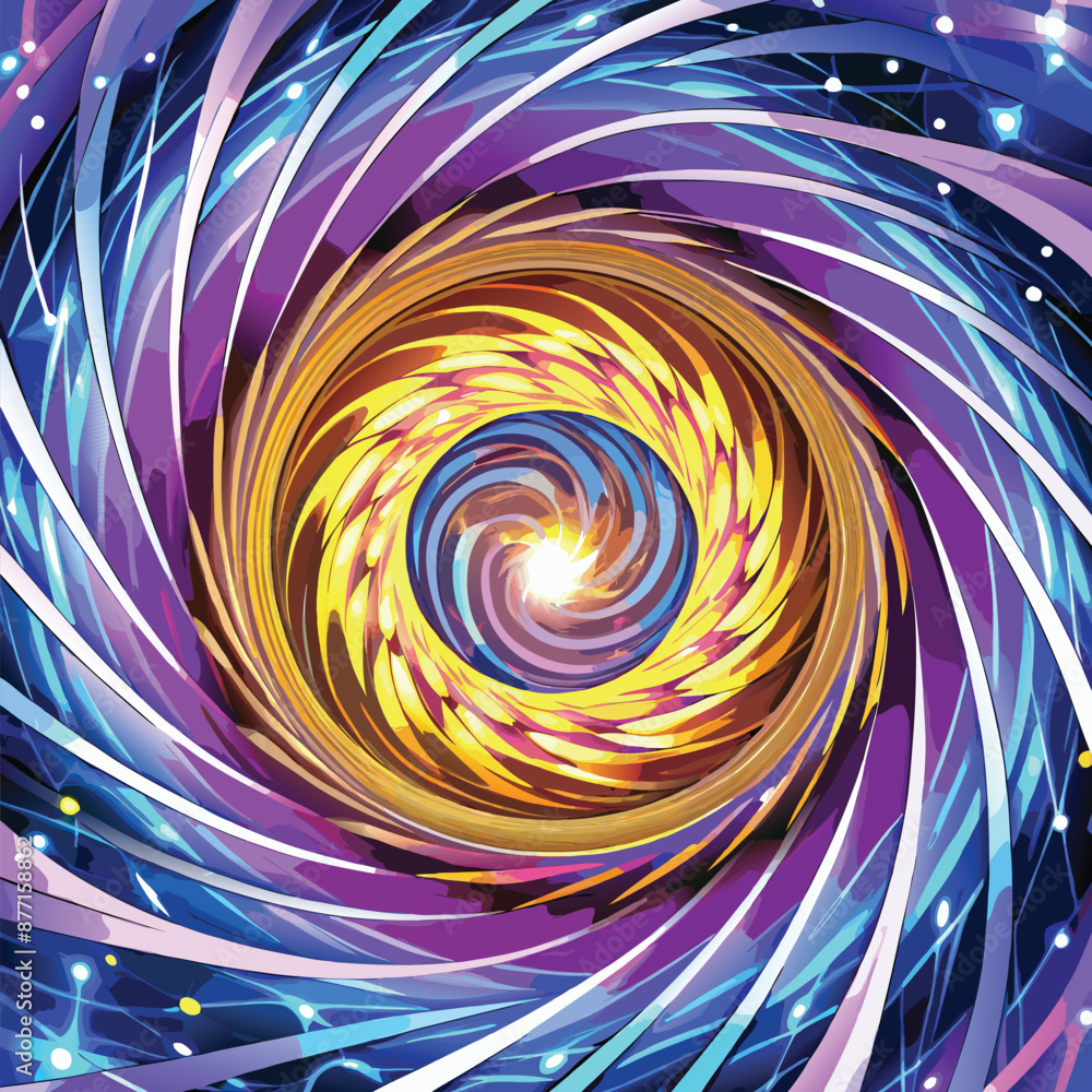 Poster swirling light vortex with depth effects, abstract energy flow background design, vector elements