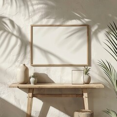 minimalistic modern table with a simple blank table art horizontal A4 frame for mockup, neutral tones