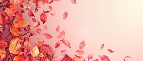 Vibrant red and orange autumn leaves falling against a soft pink background.