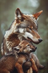 Obraz premium A mother wolf and her two pupettes cozy up in front of an indistinct backdrop of foliage - leaves and branches