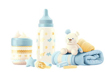 Set of baby essentials including a bottle, diaper, plush toy, and blanket in pastel colors, ideal for a nursery or baby shower.