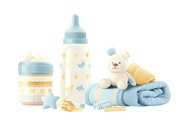 Set of baby essentials including a bottle, diaper, plush toy, and blanket in pastel colors, ideal for a nursery or baby shower.