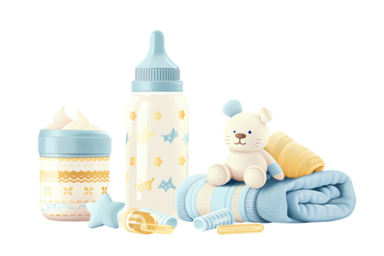 Set of baby essentials including a bottle, diaper, plush toy, and blanket in pastel colors, ideal for a nursery or baby shower. - Powered by Adobe