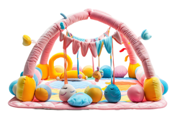 Colorful baby play mat with hanging toys and soft cushions, perfect for promoting sensory development and safe playtime.