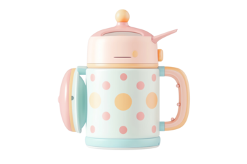Colorful baby sippy cup with dual handles and polka dot design, ideal for toddlers transitioning from bottle to cup.