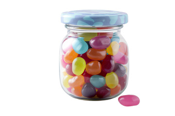 Colorful candy jar filled with multicolored jelly beans. Studio shot isolated on a white background.