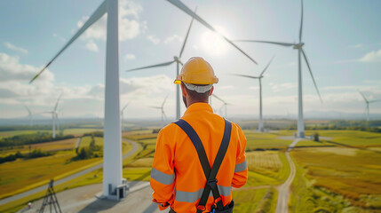 Engineers at a wind farm inspecting large turbines on a sunny day, highlighting alternative energy.

