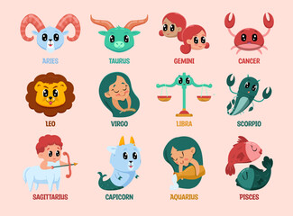 Vector Illustration of  Zodiac Signs. Flat vector Cartoon Style of Zodiac