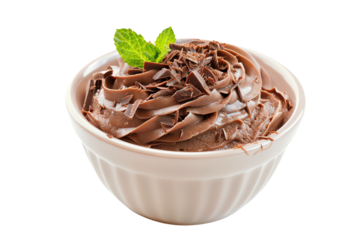 Delicious chocolate mousse dessert garnished with mint in a white bowl, isolated on a white background.