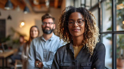 Obraz premium Employees of many nationalities work together and smile at work.