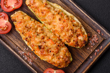 Zucchini halves baked with cheese, tomatoes, meat or meat substitute