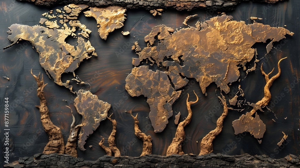 Aufkleber globally connected tree root world map symbolizing interconnected earth