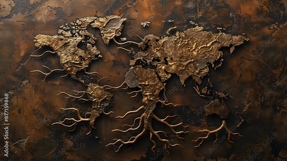 Poster tree roots spreading across continents of global interconnected world