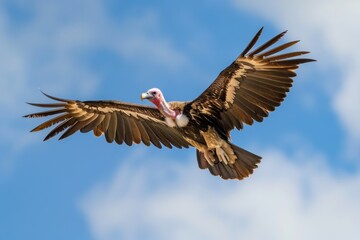 Fototapeta premium Lappet-faced vulture flying against a blue sky