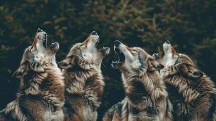 Obraz premium Three wolves standing together, heads tilted sideways, mouths agape