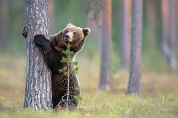 Male European brown bear (Ursus arctos) backed against a pine tree. Finland