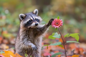 Northern Raccoon reaching for a flower taken in central MN under controlled conditions.