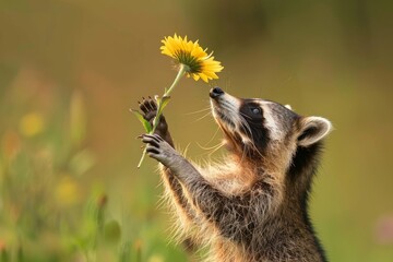 Northern Raccoon reaching for a flower taken in central MN under controlled conditions.
