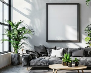 Photo of bright modern interior apartment with black frame a2 format wall mockup