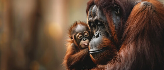 Fototapeta premium A tender moment between a mother orangutan and her baby, exemplifying the beauty of nature and family bonds in the wild jungle setting.