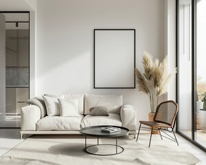 Photo of bright modern interior apartment with black frame a2 format wall mockup