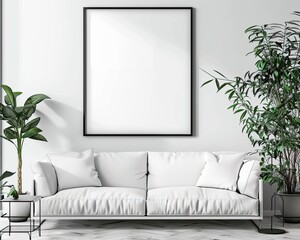 Photo of bright modern interior apartment with black frame a2 format wall mockup