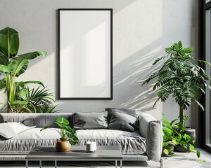 Photo of bright modern interior apartment with black frame a2 format wall mockup