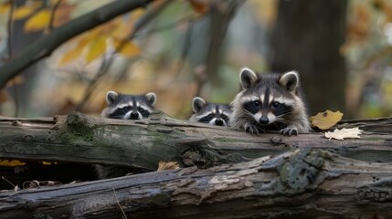  A pair of raccoons atop a fallen tree trunk in the forest, adjacent to another downed tree
