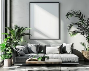 Photo of bright modern interior apartment with black frame a2 format wall mockup