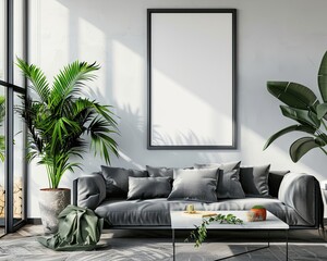 Photo of bright modern interior apartment with black frame a2 format wall mockup