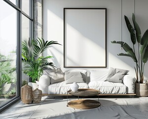 Photo of bright modern interior apartment with black frame a2 format wall mockup