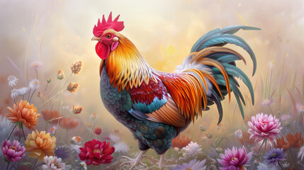 Fototapeta premium Vibrant rooster standing amidst colorful flowers with a soft, dreamy background. Perfect for agricultural and nature-themed content.